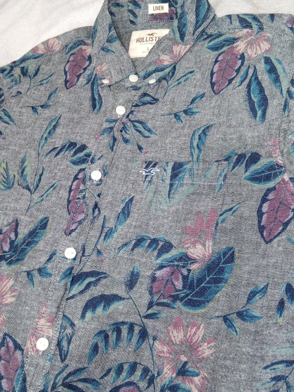 Hollister Linen Camp Shirt Mens L Gray Floral Collar Short Sleeve Preppy Coastal - Picture 8 of 11
